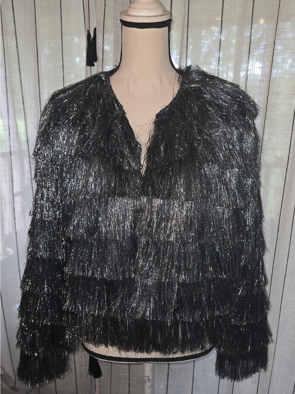 Zara Black Metallic Fringe Crew Sweater